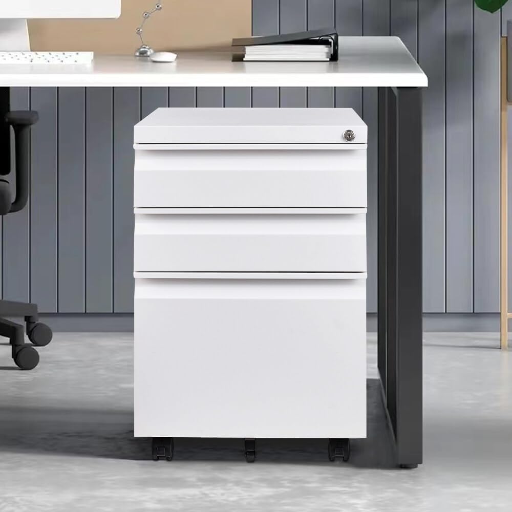 Panana 3 Drawers Filing Cabinets, Mobile File Metal Cabinet Under Desk Drawers on Casters Rolling Office Cabinet for Home Office Furniture, Fully Assembled (White)