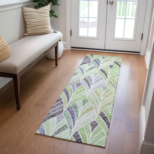 Addison Rugs Chantille ACN851 Green 2'3" x 7'6" Indoor/Outdoor Hallway Runner Rug, Machine Washable, Stain Resistant, Easy Clean, Non Shedding, for Kitchen, Bathroom, Laundry and Bedroom