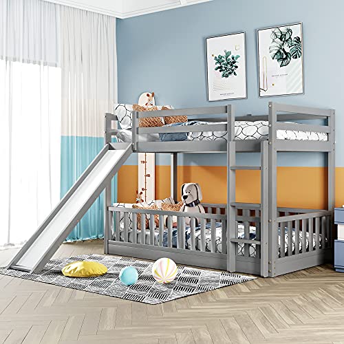 RORIGAT Twin Over Twin Floor Bunk Bed with Slide and Ladder, Low Bunk Bed for Kids Boys Girls Teens, Gray