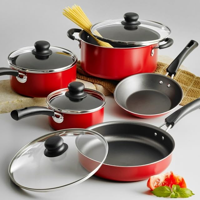 SionS 9-Piece Non-Stick Cookware Set, Stay-Cool Handles and Heat Shatter-Resistant Tempered Glass Lids, Pots and Pans (Red), SY337