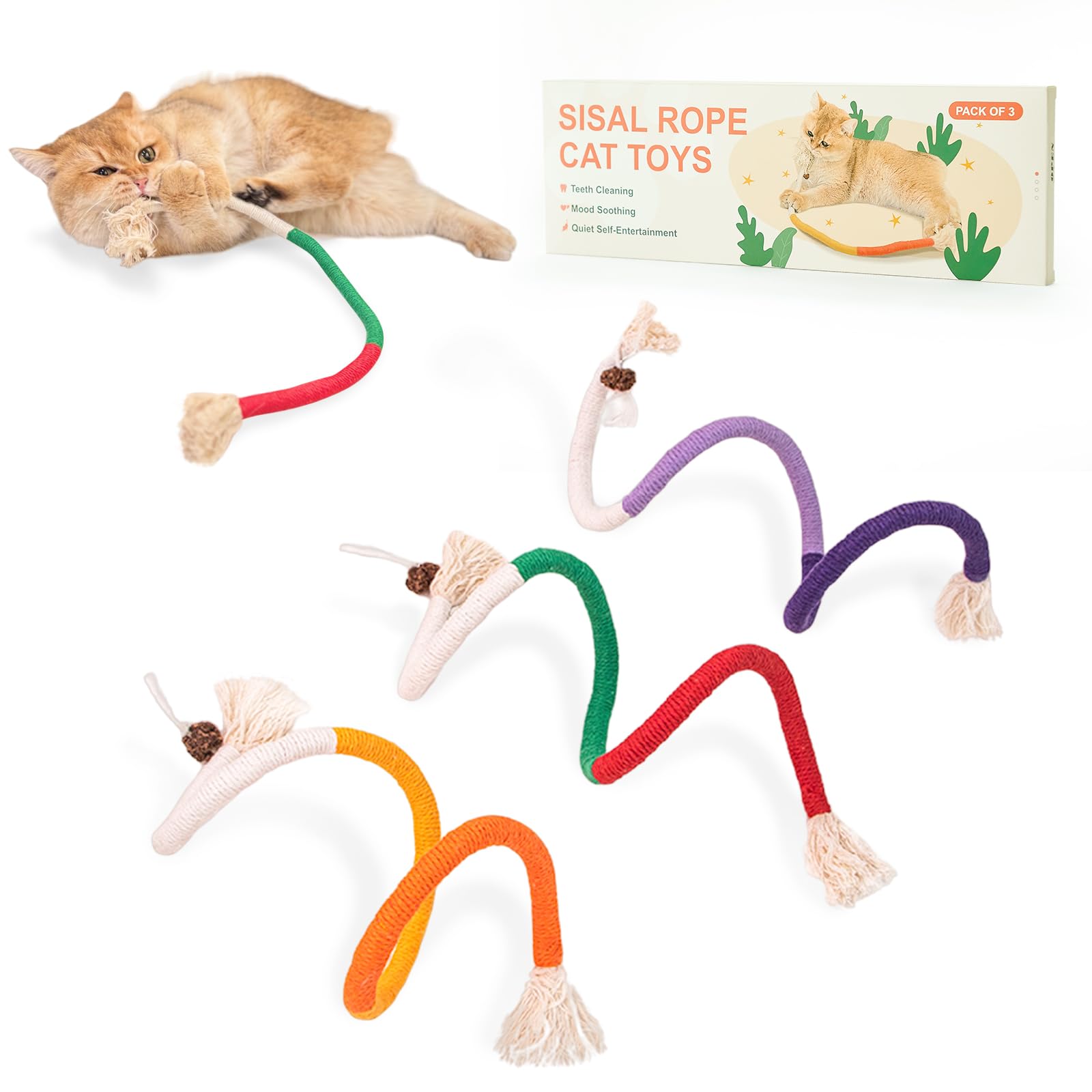 Gochanmon Sisal Rope Cat Toys,3 Pack Bite-Resistant Catnip Toys,Cat Toys for Bored Indoor Cats, Safe Teeth Cleaning Chew Cat Toy,Interactive Cat Kicke Toys for Indoor Cats for 24" All Breeds