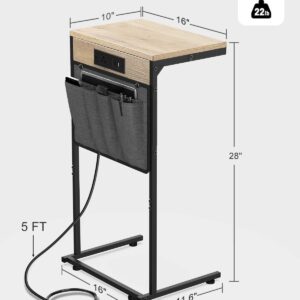 Evermagin C Shaped End Table with Charging Station, Small Side Table for Recliner, Over Couch Table with Outlet and Storage Bag, Slide Under Sofa Tray Table for Living Room, Bedroom, Greige