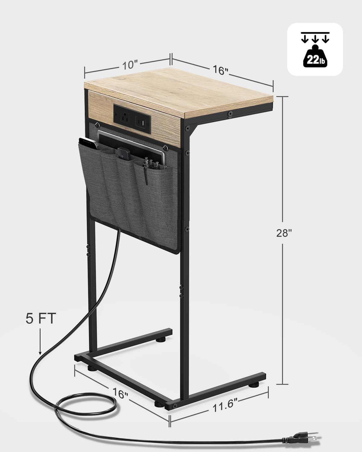 Evermagin C Shaped End Table with Charging Station, Small Side Table for Recliner, Over Couch Table with Outlet and Storage Bag, Slide Under Sofa Tray Table for Living Room, Bedroom, Greige