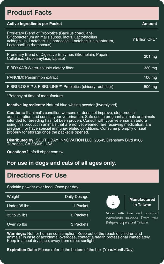 Oh!Pet 5-in-1 Digestive Probiotics Powder for Dogs & Cats - 7 Billion CFUs, Prebiotics, Digestive Enzymes & Dietary Fiber - 30 Packets (Codfish)