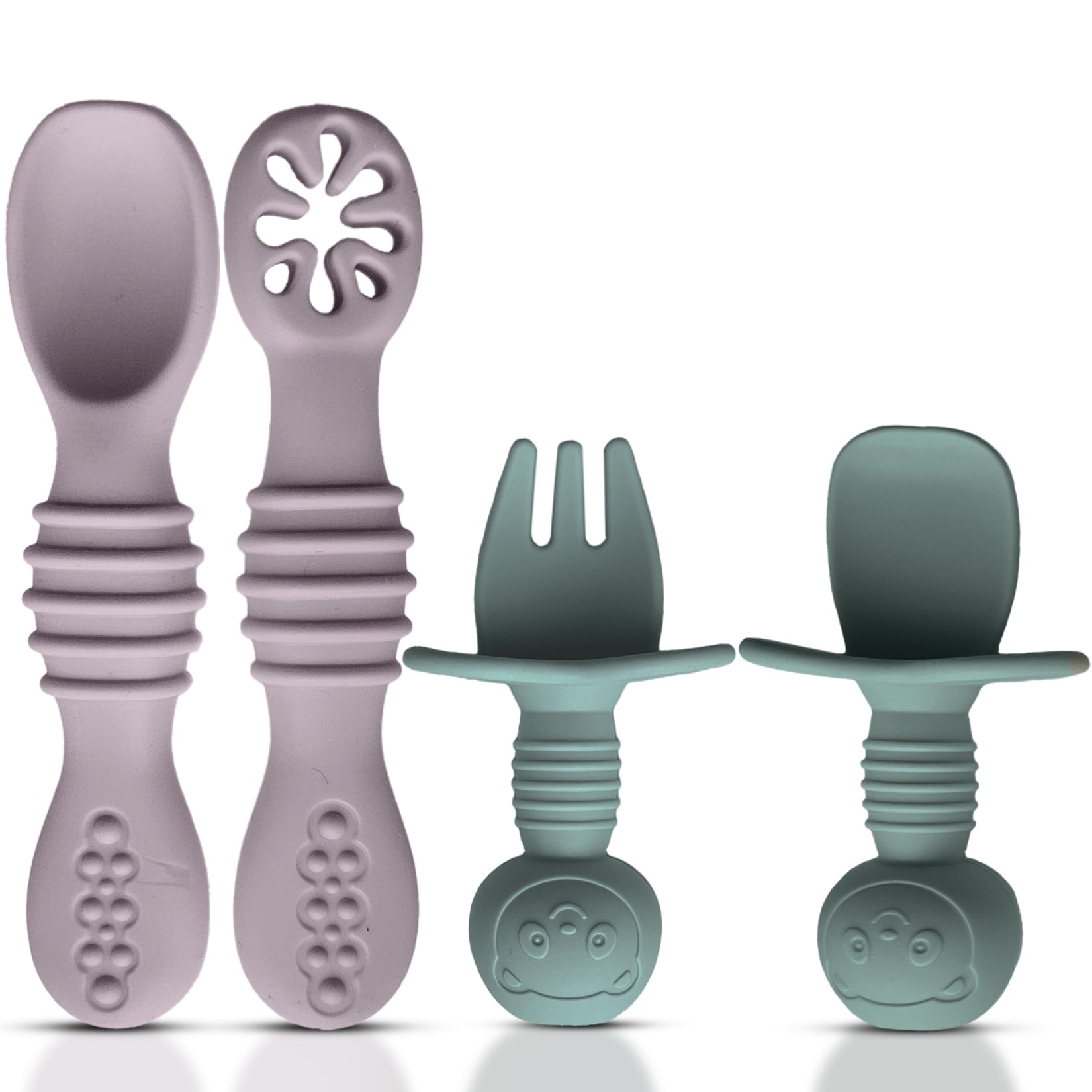 HippoBaby 4pc Silicone Self feeding baby utensils 6-12 months, 3 baby spoon, 1 baby fork, Toddler Cutlery Set, BPA Free, Dishwasher Safe, Baby eating essentials (Light pink/Army Green)