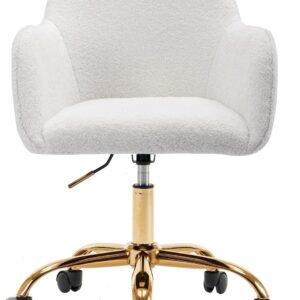 Yoluckea Faux Fur Desk Chair for Women Girl Teen, Home Office Desk Chair with Rolling Wheels, Modern Furry Vanity Chair for Makeup Room Bedroom Living Room, Adjustable Swivel Cute White Desk Chair