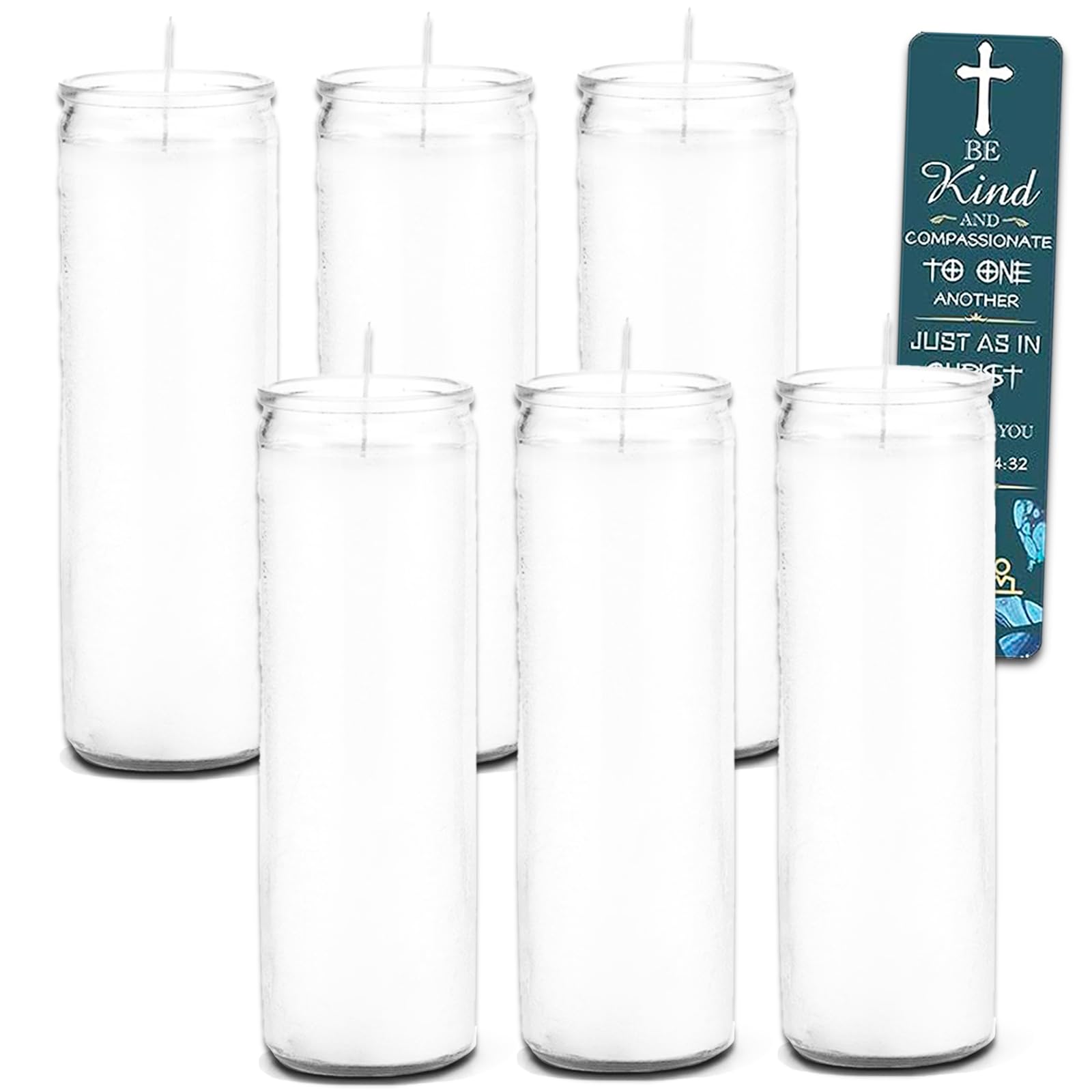 White Prayer Glass Candle Set - Bundle of 6 White 8" Prayer Candles for Vigils, Prayers, Cemetery, Blessing Ceremonies, Candles Bulk & Bible Bookmark