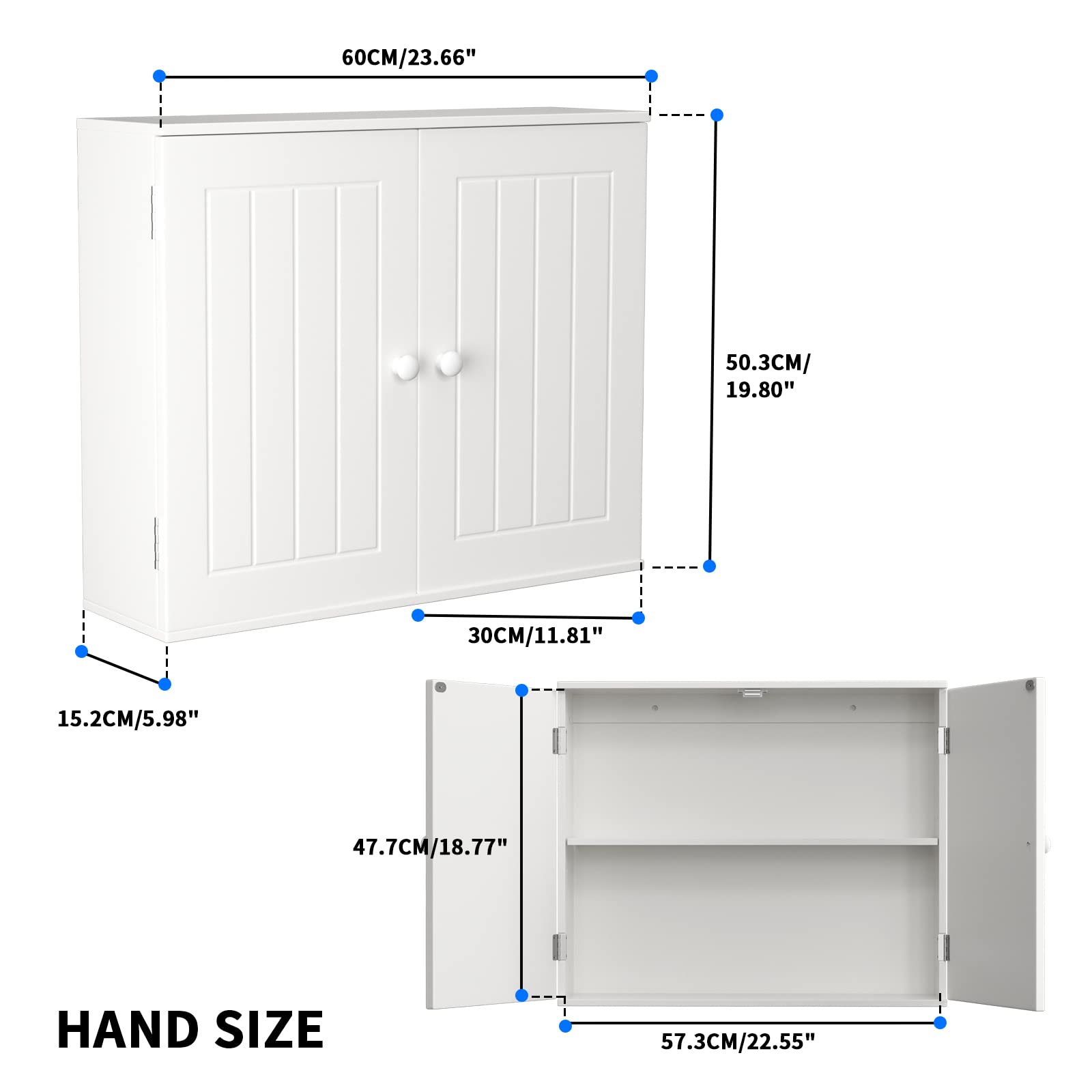 Qimu Bathroom Wall Cabinet White Bathroom Wall Mount Storage Cabinet, Medicine Cabinet with 2 Doors, Wood Hanging Cabinet, Floor Standing Storage Cupboard with Adjustable Shelf, W23.6''x D6 xH20''