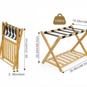 Luggage Rack, Folding Suitcase Stand with Storage Shelf, Natural Bamboo Suitcase Storage, Heavy-Duty Luggage Holder for Guest Room, Bedroom, Hotel, Luggage Racks for Suitcases, Holds up to 150lb