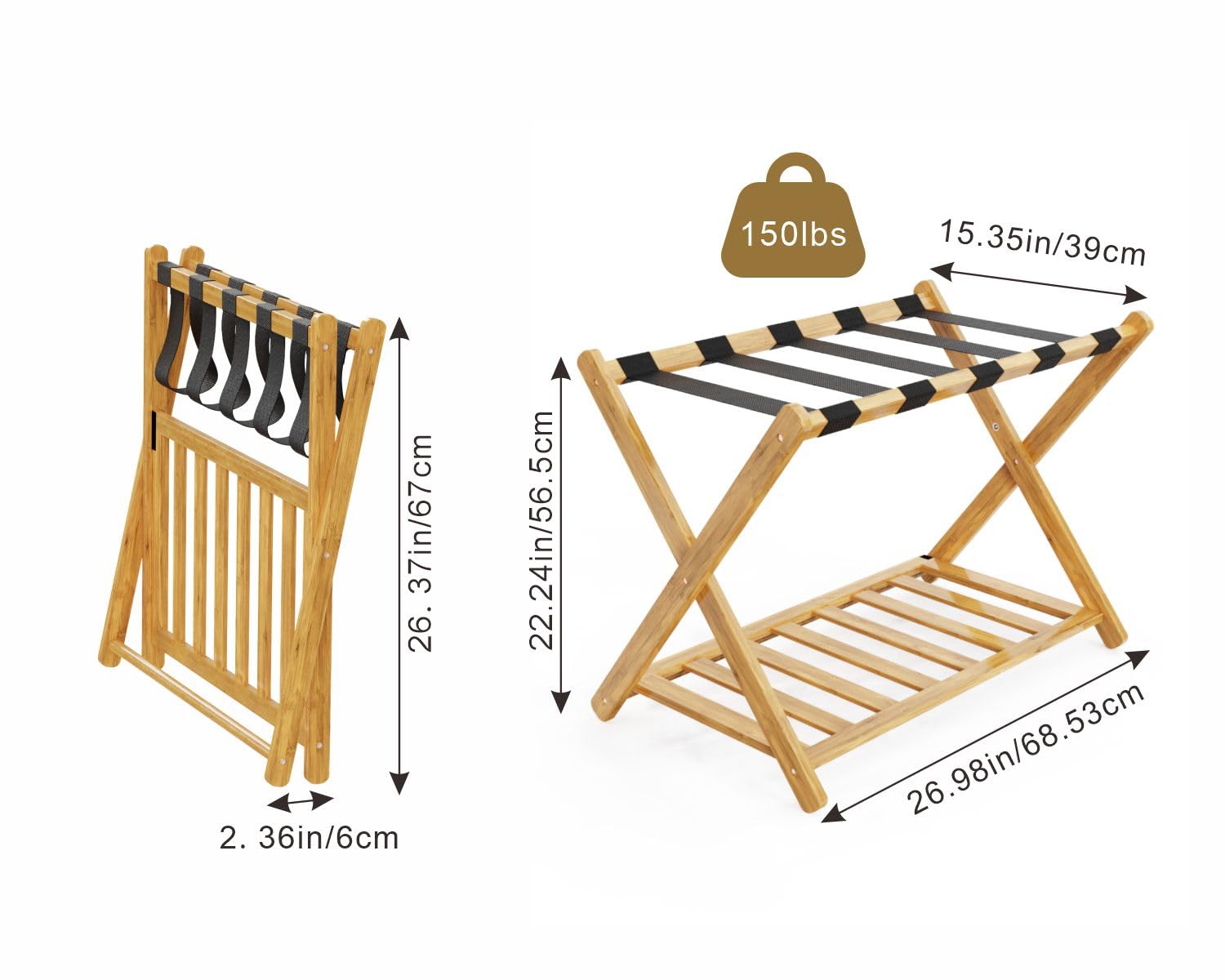 Luggage Rack, Folding Suitcase Stand with Storage Shelf, Natural Bamboo Suitcase Storage, Heavy-Duty Luggage Holder for Guest Room, Bedroom, Hotel, Luggage Racks for Suitcases, Holds up to 150lb