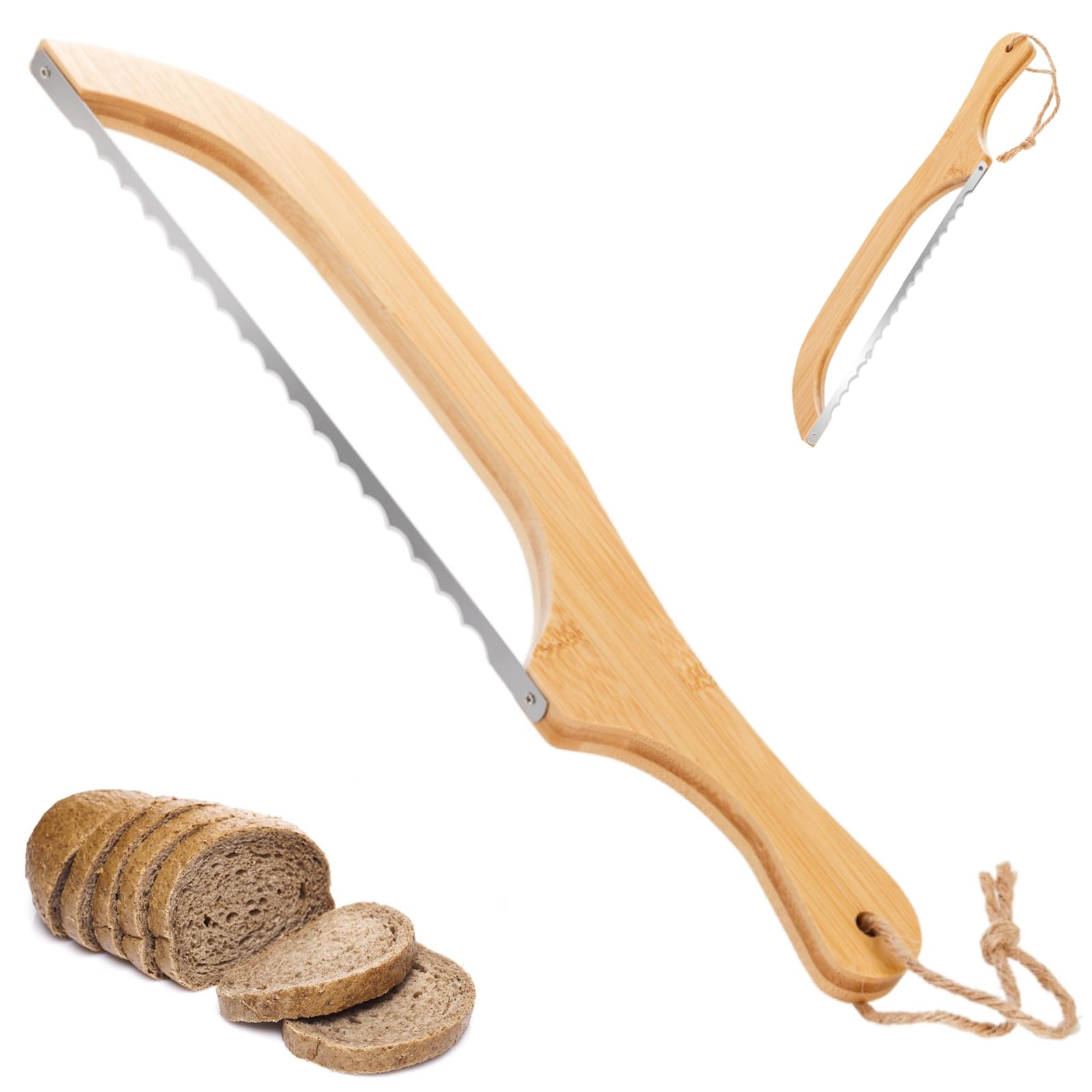 Goaste Bamboo Bread Bow Knife, 15.7" Serrated Bread Slicer, Stainless Steel Sourdough Bread Cutter with Fiddle Bow Design for Bagels, Baguettes and More