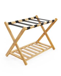 luggage rack, folding suitcase stand with storage shelf, natural bamboo suitcase storage, heavy-duty luggage holder for guest room, bedroom, hotel, luggage racks for suitcases, holds up to 150lb