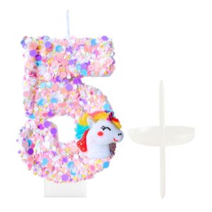 casapopz unicorn birthday number candles for cake, pink number 5 candle, fun glitter unicorn cake topper, birthday decorations cupcake topper for party supplies