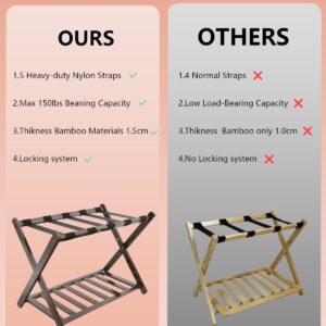 Luggage Rack, Folding Suitcase Stand with Storage Shelf, Natural Bamboo Suitcase Storage, Heavy-Duty Luggage Holder for Guest Room, Bedroom, Hotel, Luggage Racks for Suitcases, Holds up to 150lb