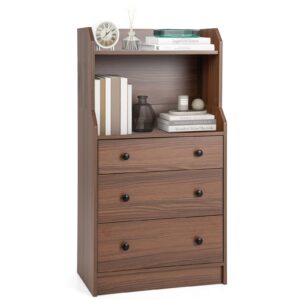 giantex 3 drawers dresser for bedroom - modern storage dresser chest of drawers with 2 shelves, 3 pull-out drawers, tall nightstand with anti-toppling device for bedroom living room entryway (walnut)