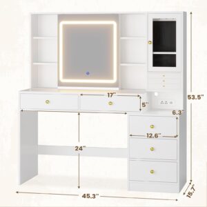 HAUOMS Makeup Vanity with Lights & Sliding Mirror, Vanity Desk with Jewelry Organizer, Glass Cabinet & 5 Drawers, Dressing Table, Modern White