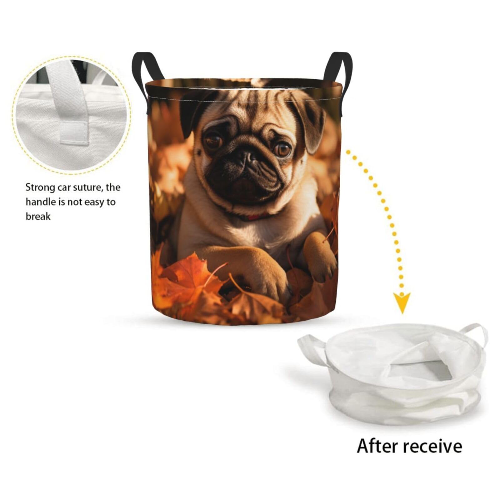 FeHuew Pug on Autumn Leaves Collapsible Laundry Basket with Handle Waterproof Hamper Storage Organizer Large Bins for Dirty Clothes, toys