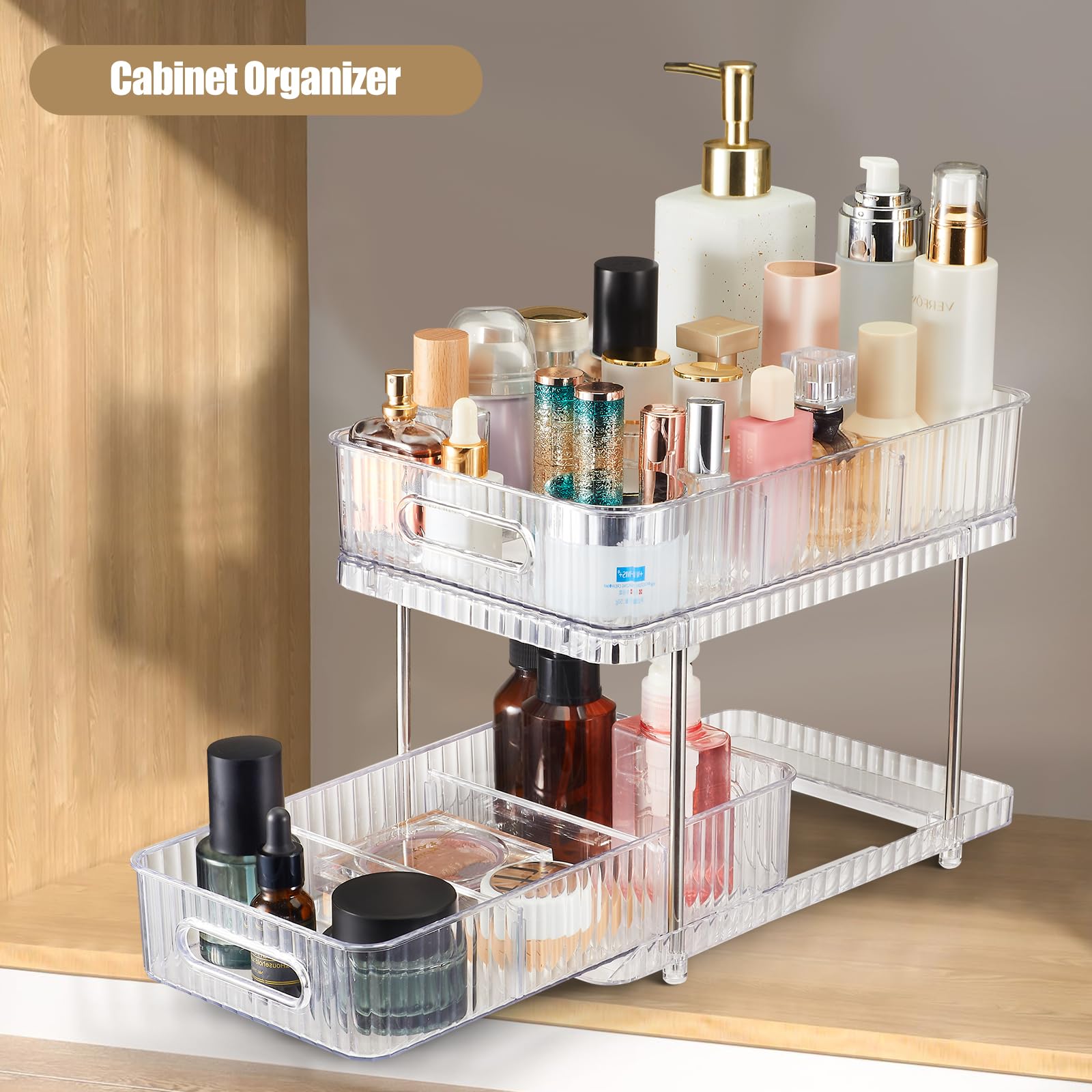 Flytreal 2 Tier Vanity Makeup Perfume Organizer Tray, Bathroom Counter Organizers and Storage, Clear Skincare Cosmetic Holder, Multi-Purpose Under Kitchen Sink Medicine Cabinet Pull Out Organizer