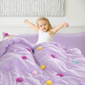 HOMBYS Pom Poms Bedding Comforter Set for Girls, 5 Piece Purple Boho Kids Comforter Set for All Season，Twin/Twin XL Size