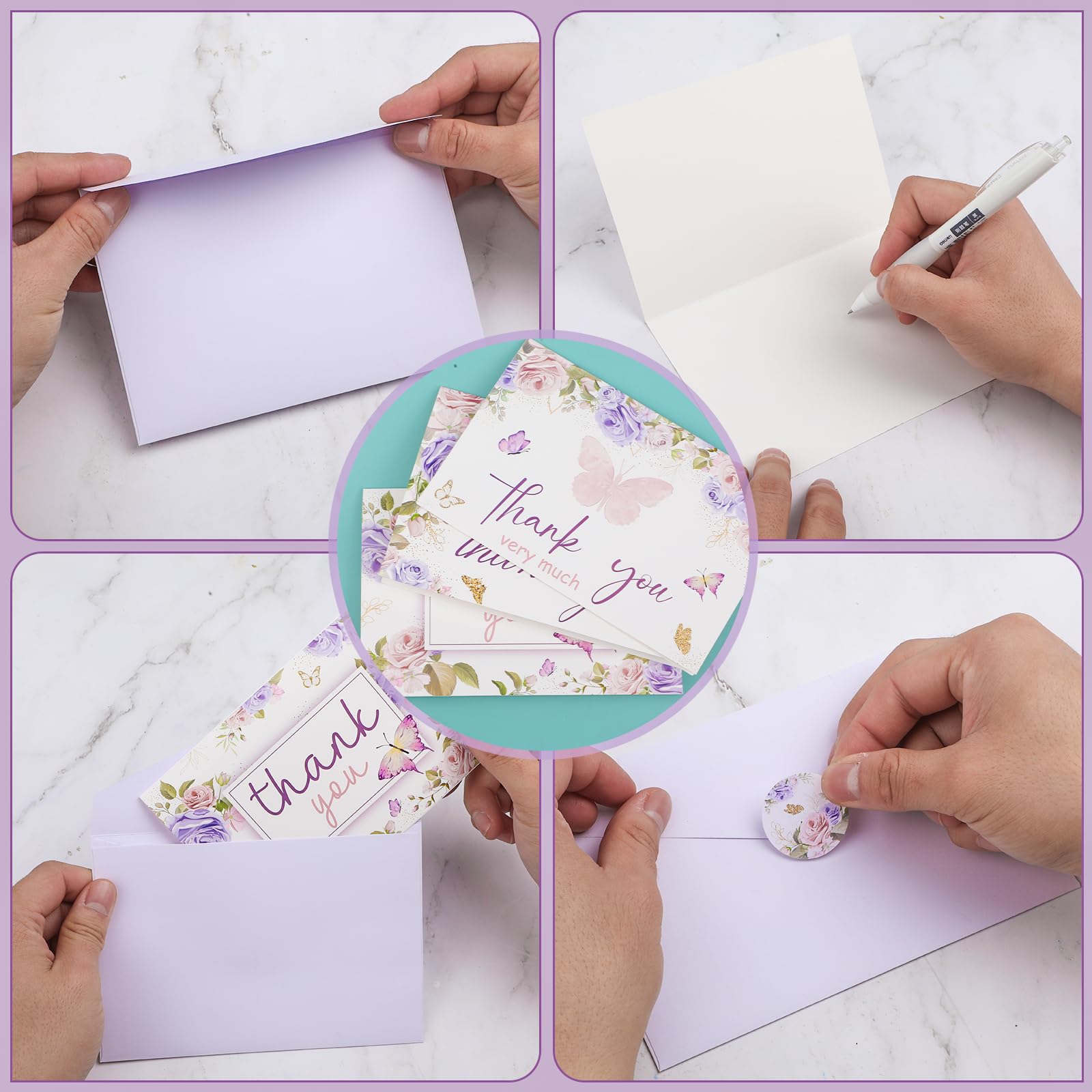 60 Pieces Butterfly Floral Baby Shower Thank You Cards,Purple Thank You Cards Includes 30 Pieces Envelopes and 30 Pieces Blank Butterfly Cards with Stickers for Wedding Baby Shower Graduation Bridal