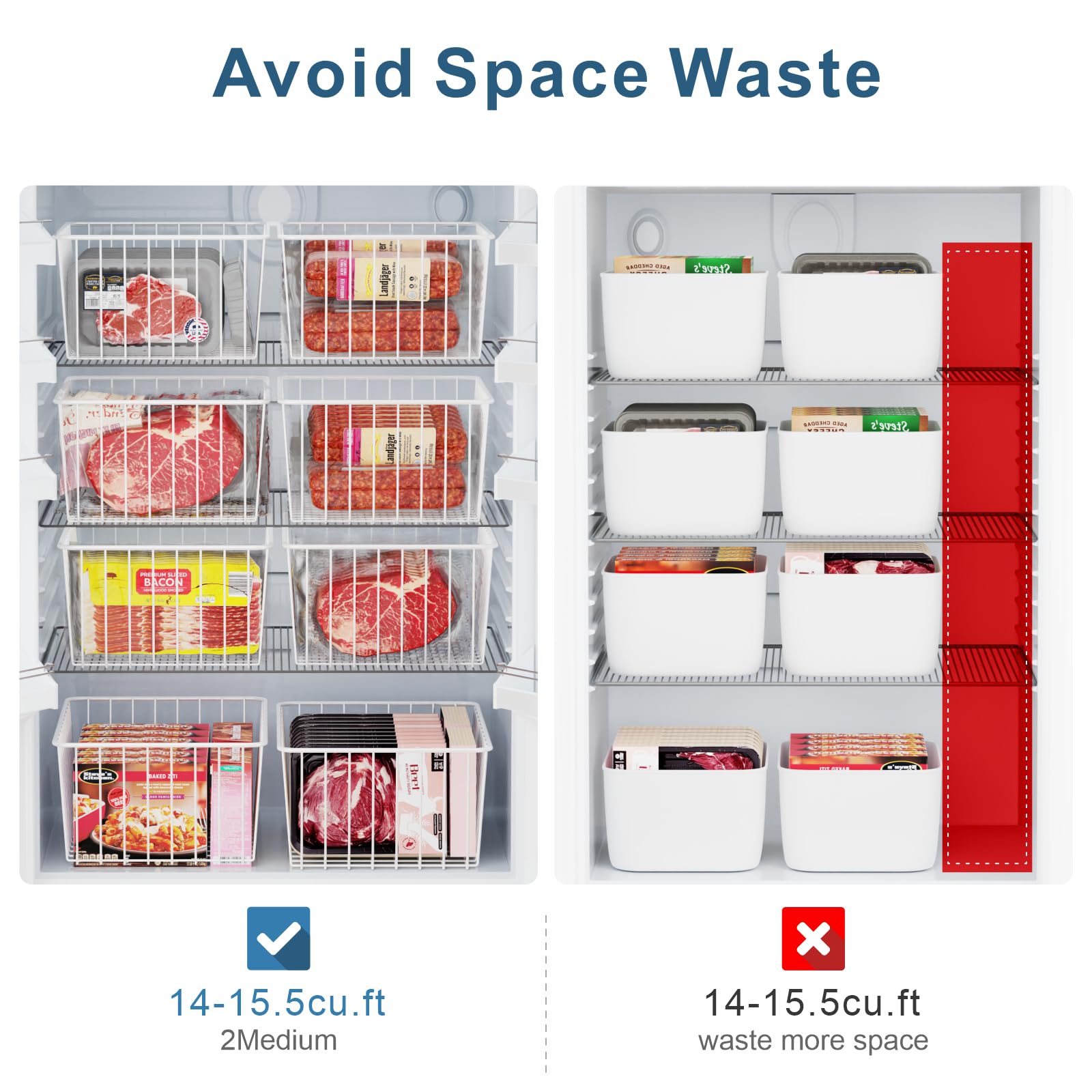 iSPECLE Freezer Organizer Bins - 4 Pack Medium Upright Freezer Baskets for 14 to 15.5 cu.ft Stand up Freezer, Easily Sort and Get Food, Air Circulation Stop Food Sliding out from Freezer, White