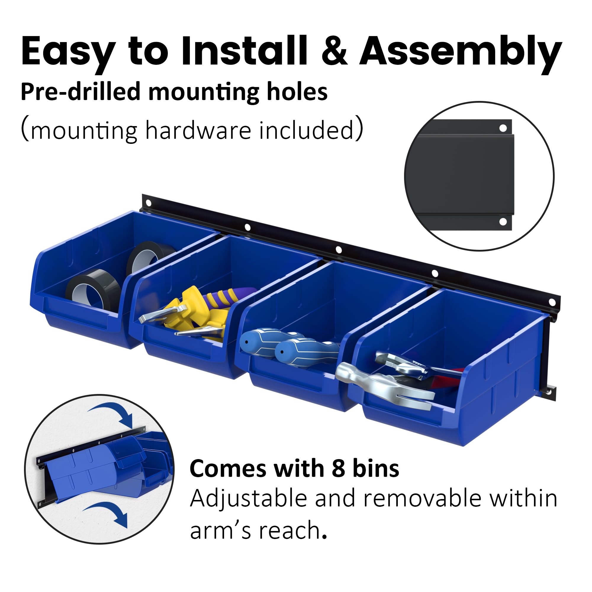 UNITEDPOWER Wall Mounted Garage Storage Bin, Parts Rack, Plastic Hanging Stackable Storage Bin, Hardware Tool Organizer for workshop, Craft Room, school and Shop, 8 Bins 2 Rails (Blue)