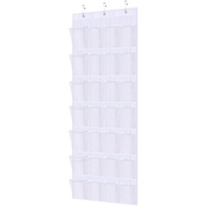 hakacc 28 pockets over the door shoe organizer, hanging shoe organizer for closet, shoe rack for door, hanging shoe storage bag, white