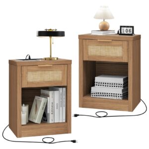 oakham home nightstand set of 2, rattan night stand with type-c charging station, bedside table with drawer, boho bed side table end table accent table for bedroom living room (weathered oak)