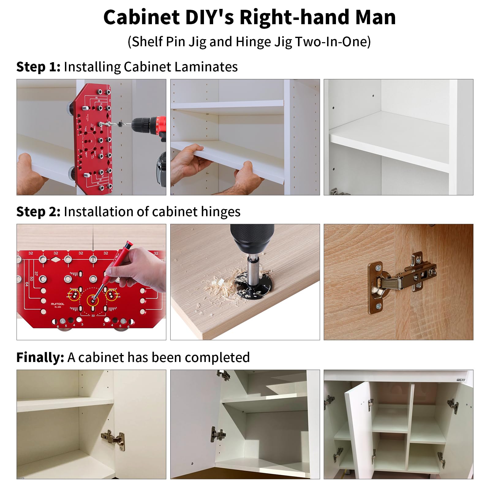 RUITOOL Shelf Pin Jig and Hinge Jig Two-in-One, Self-contained Clamping Function All Metal Shelf Pin Drilling Jig with 1/4" and 5mm Drill Bits, Shelf Jig and Cabinet Hardware Jig Tool Drill Guide