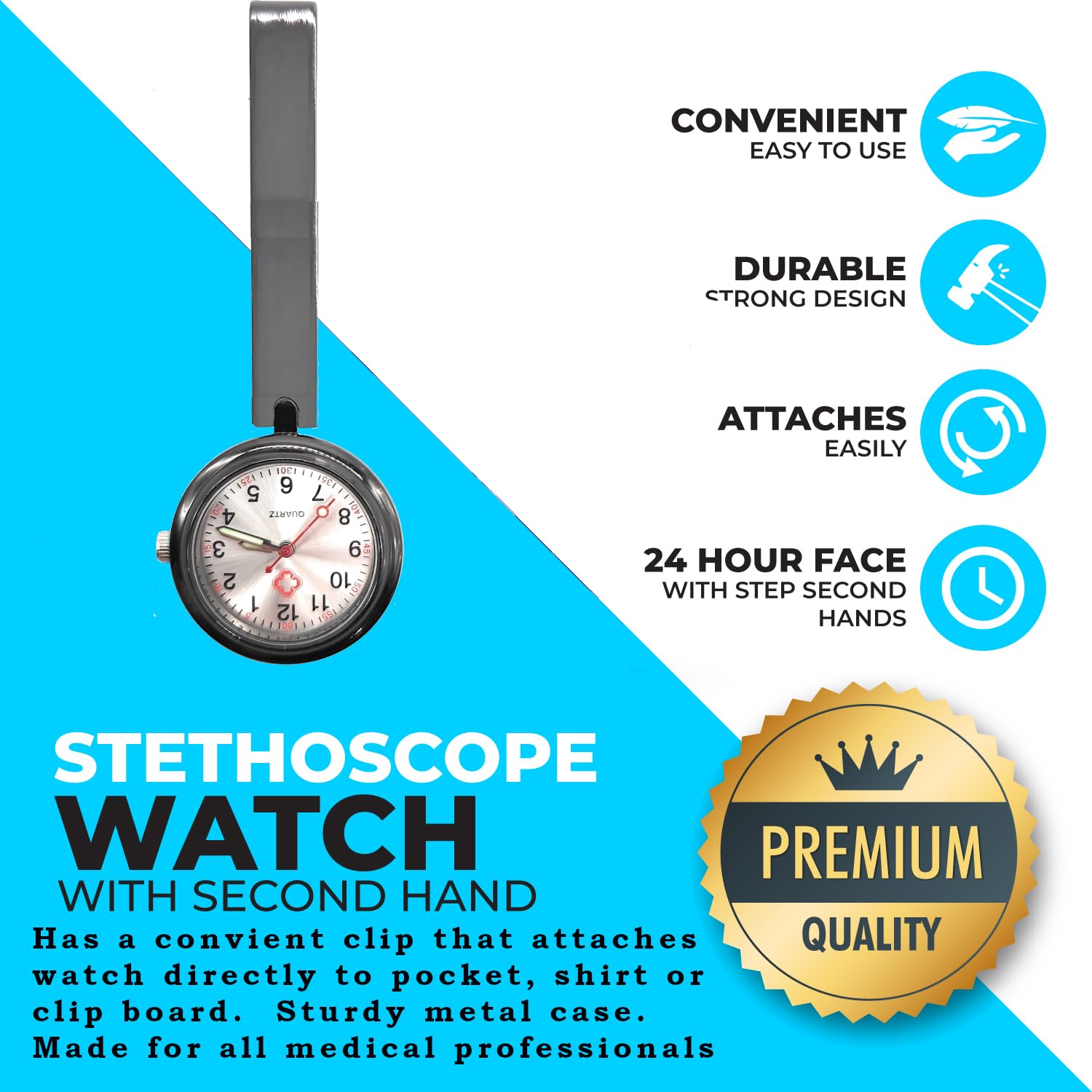 Nurse Stethoscope Watch - Lightweight Metal Frame- Attaches Directly to Pocket, Scrubs or Shirt. Convient.