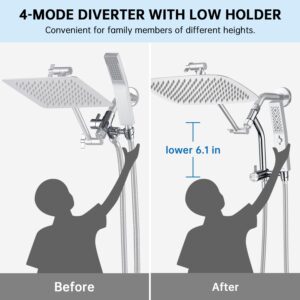 G-Promise All Metal 12 Inch Shower Head with Massage Mode Handheld, Rain Shower Head with Handheld Spray Combo, 3-Way Diverter with Pause Setting, 11 Inch Adjustable Extension Arm (Chrome)