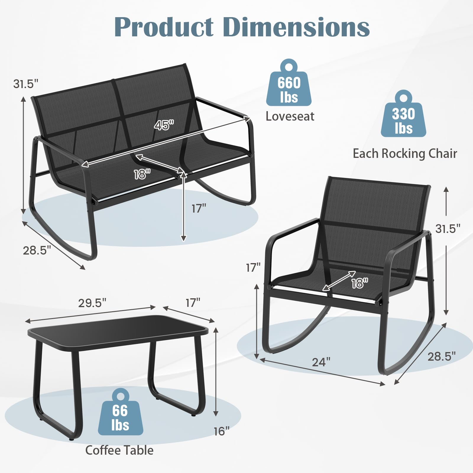 Tangkula 4 Piece Patio Rocking Set, 2 Rocking Chairs & Loveseat with Glass-Top Table, Patio Furniture Set with Smooth Rocking Motion, Outdoor Rocker Chair Conversation Set for Porch, Yard (1, Black)