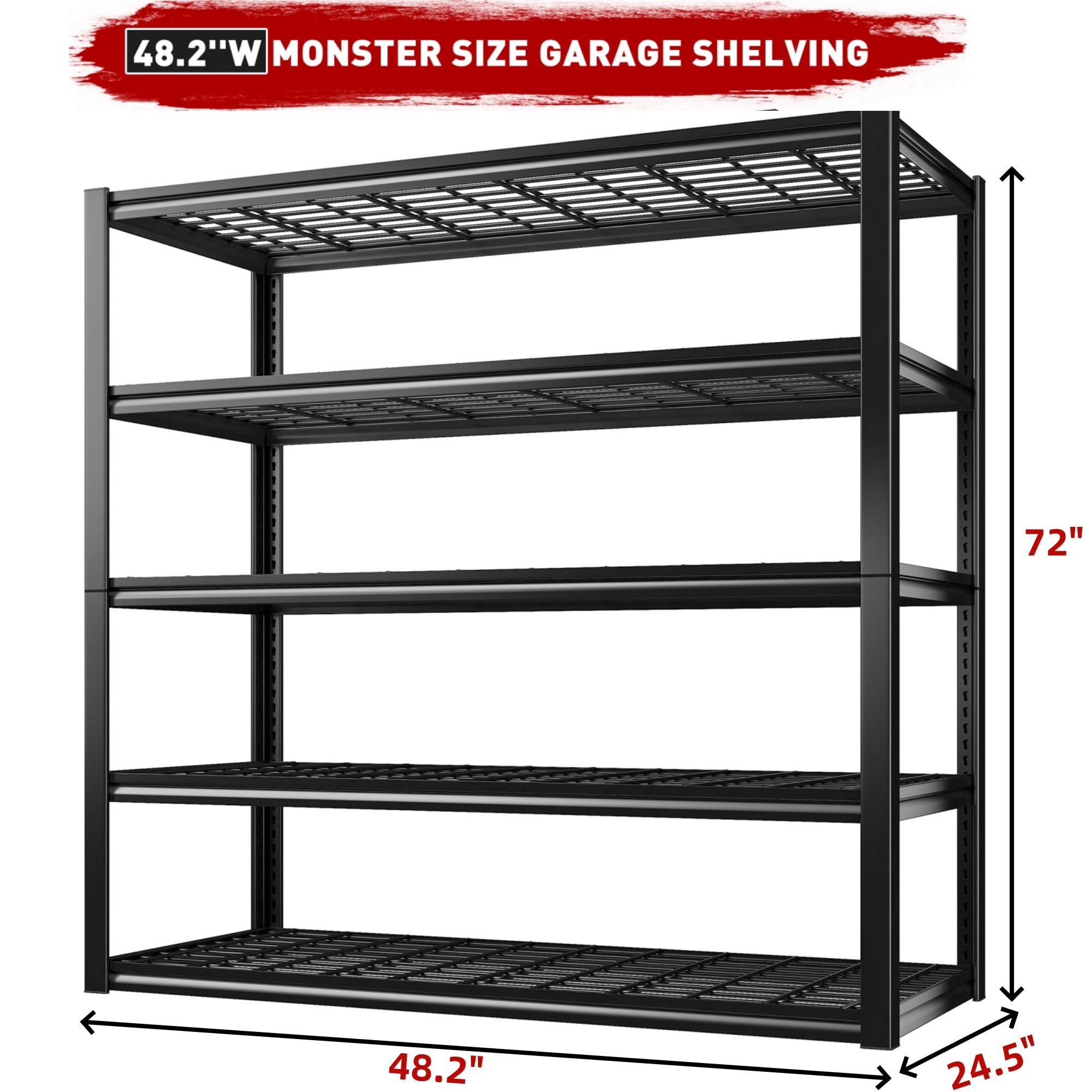 REIBII 3010LBS Storage Shelves 48.2'' W Garage Shelving Heavy Duty Shelving 5 Tier Adjustable Metal Shelves for Storage Rack Wire Shelving Industrial Utility Shelf 48.2'' W X 24.5'' D X 72'' H