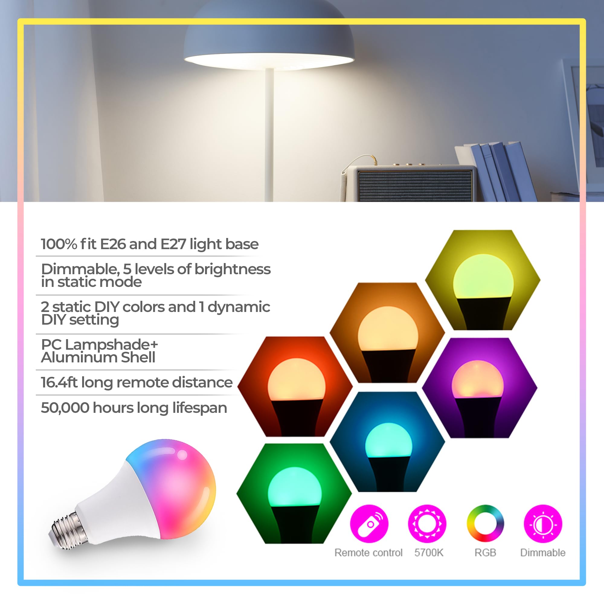 Droiee Dimmable E26 Warm LED Light Bulb, 6W RGBW Color 500LM with 16 Color Changing Modes for Christmas, Party etc with Remote Control 2 Pack