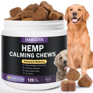 habiziya hemp calming chews for dogs dog calming treats anxiety relief calming dog treats, aid with separation, barking, stress relief, thunderstorms duck flavor 120 counts