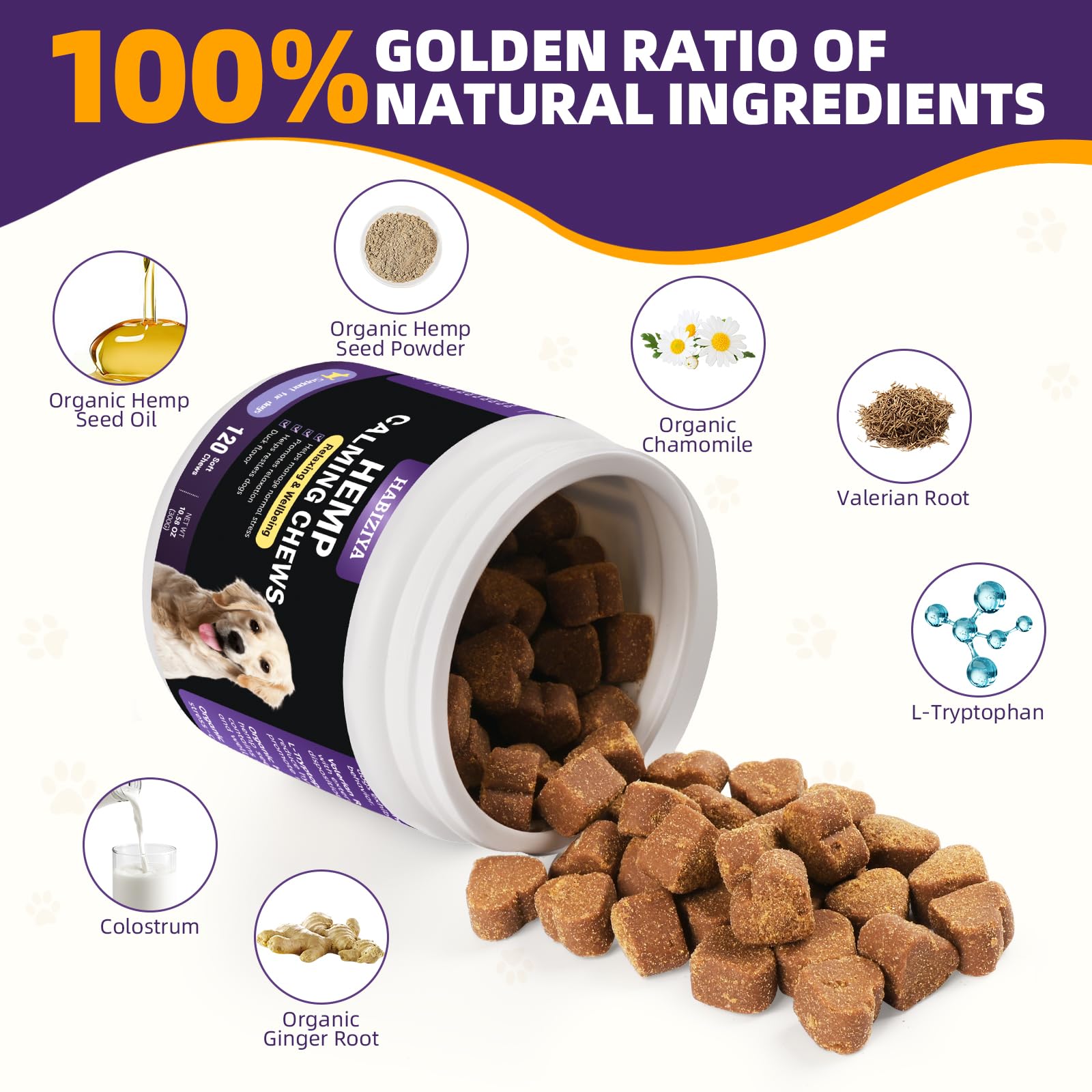 HABIZIYA Hemp Calming Chews for Dogs Dog Calming Treats Anxiety Relief Calming Dog Treats, Aid with Separation, Barking, Stress Relief, Thunderstorms Duck Flavor 120 Counts