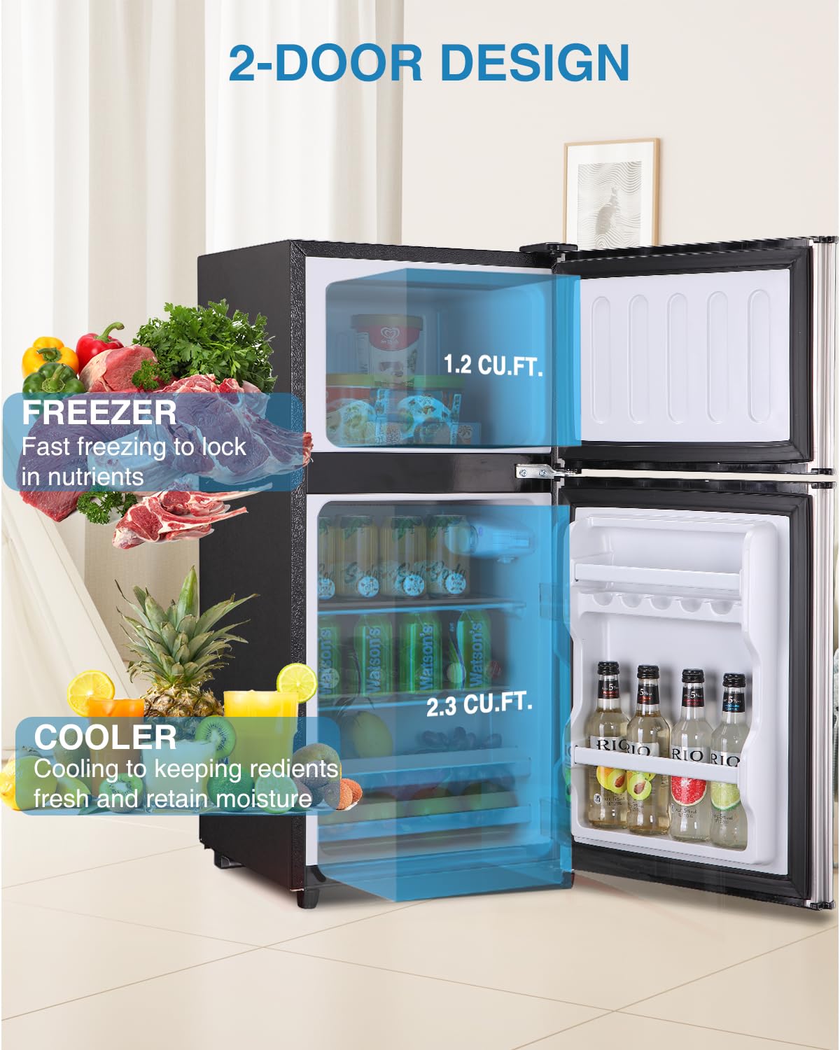 Kazigak 3.5 Cu.Ft Mini Fridge with Freezer, Double Door, Small Refrigerator,7-Level Adjustable Thermostat, Quiet Mini Fridge for Bedroom, Dorm, Office, Apartment Silver