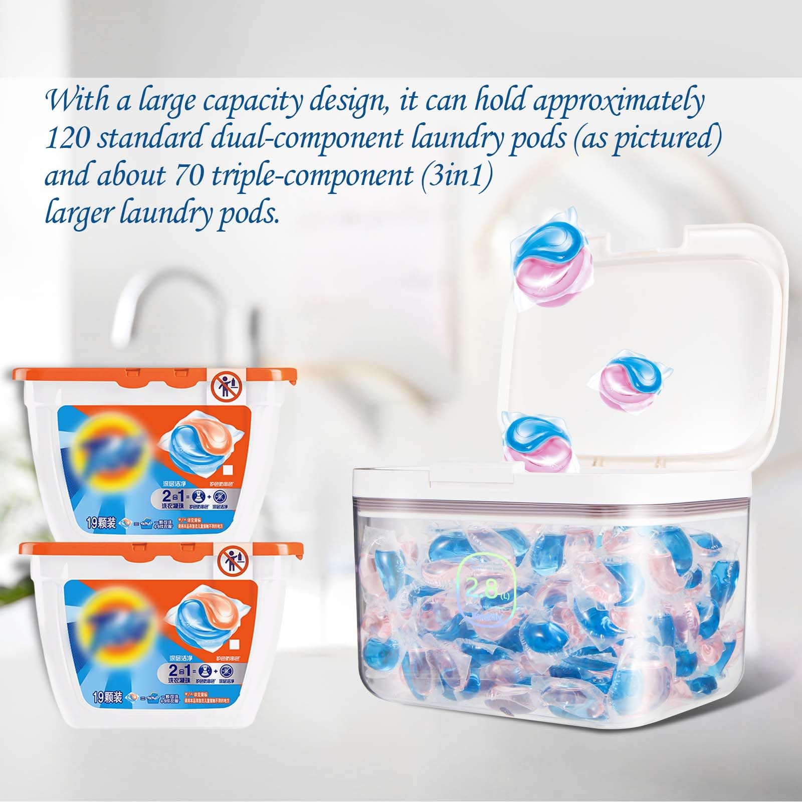 Laundry Pod Container, laundry pod holder with Lid, Sealed and automatic pop-up, Large Capacity Holds 115 Laundry Pods for Laundry Room Organization Laundry & Dishwasher Pod Laundry Container