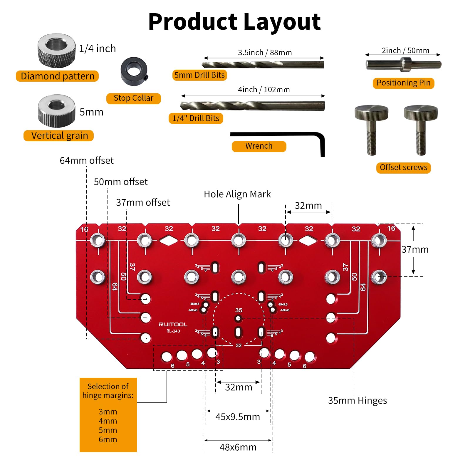 RUITOOL Shelf Pin Jig and Hinge Jig Two-in-One, Self-contained Clamping Function All Metal Shelf Pin Drilling Jig with 1/4" and 5mm Drill Bits, Shelf Jig and Cabinet Hardware Jig Tool Drill Guide