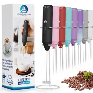 powerful milk frother handheld foam maker, mini whisk drink mixer for coffee, cappuccino, latte, matcha, hot chocolate, with stand, black