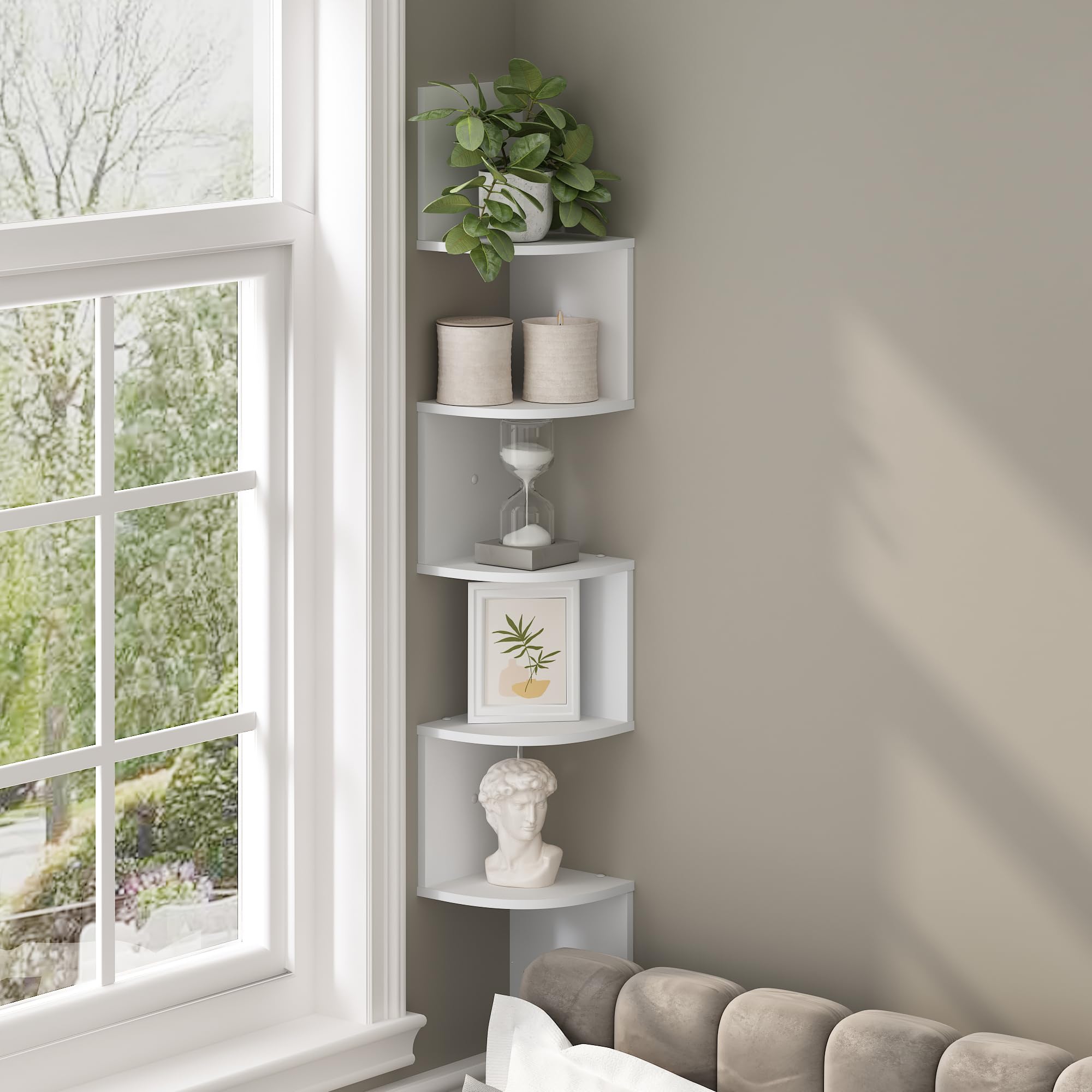 Furinno 5-Tier Floating Corner Shelf, Wall Mount Shelves for Storage and Display, White