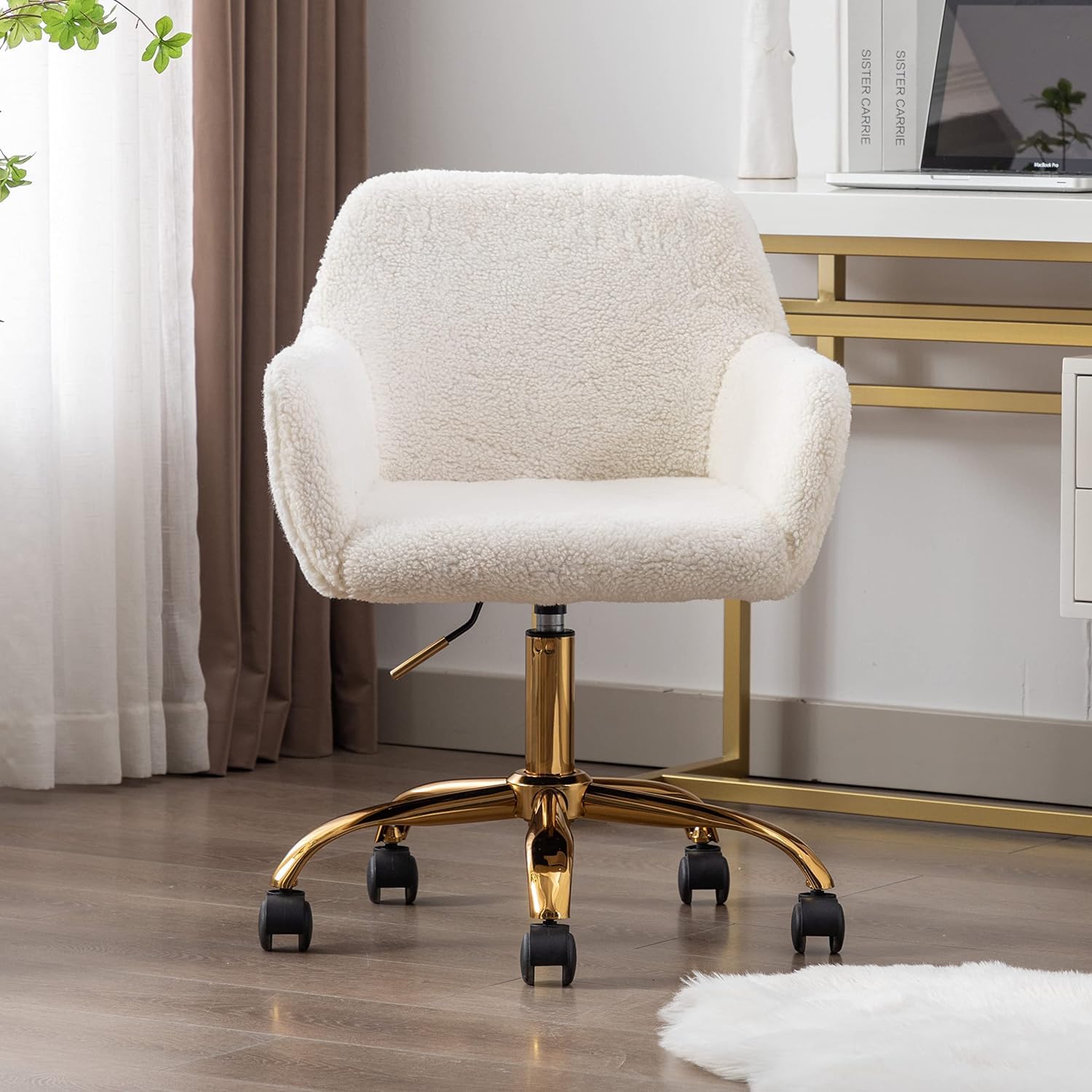 Yoluckea Faux Fur Desk Chair for Women Girl Teen, Home Office Desk Chair with Rolling Wheels, Modern Furry Vanity Chair for Makeup Room Bedroom Living Room, Adjustable Swivel Cute White Desk Chair