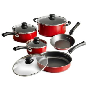 sions 9-piece non-stick cookware set, stay-cool handles and heat shatter-resistant tempered glass lids, pots and pans (red), sy337