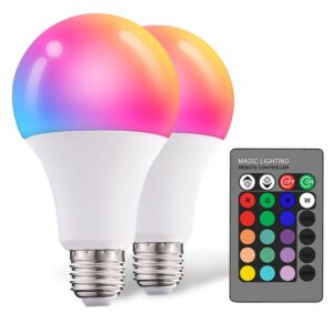 droiee dimmable e26 warm led light bulb, 6w rgbw color 500lm with 16 color changing modes for christmas, party etc with remote control 2 pack