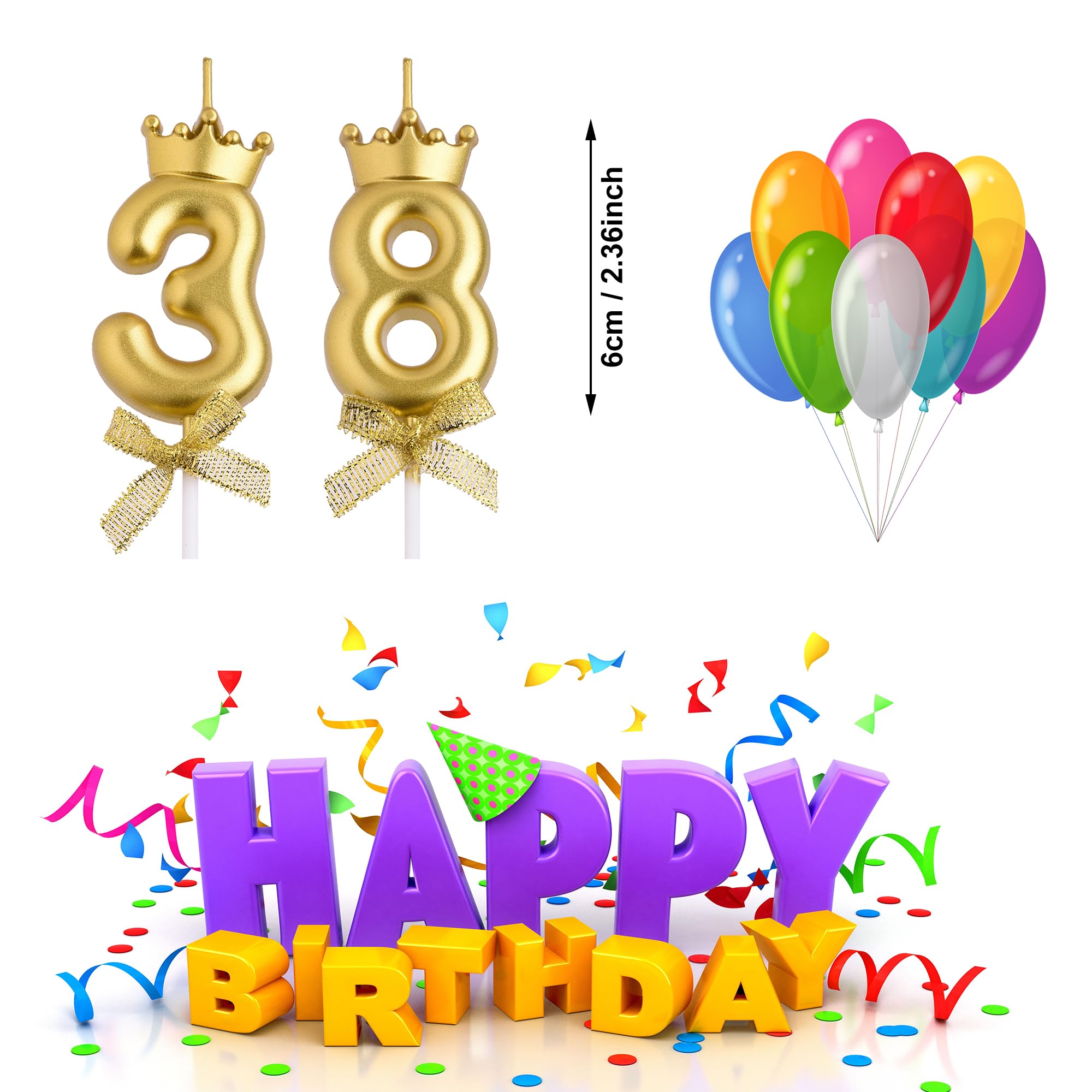 VSHILI 38th 83rd Birthday Candles, Gold 83 38 Year Old Number Birthday Candles, Happy Birthday Party Cake Topper Decoration Gifts for Women Men