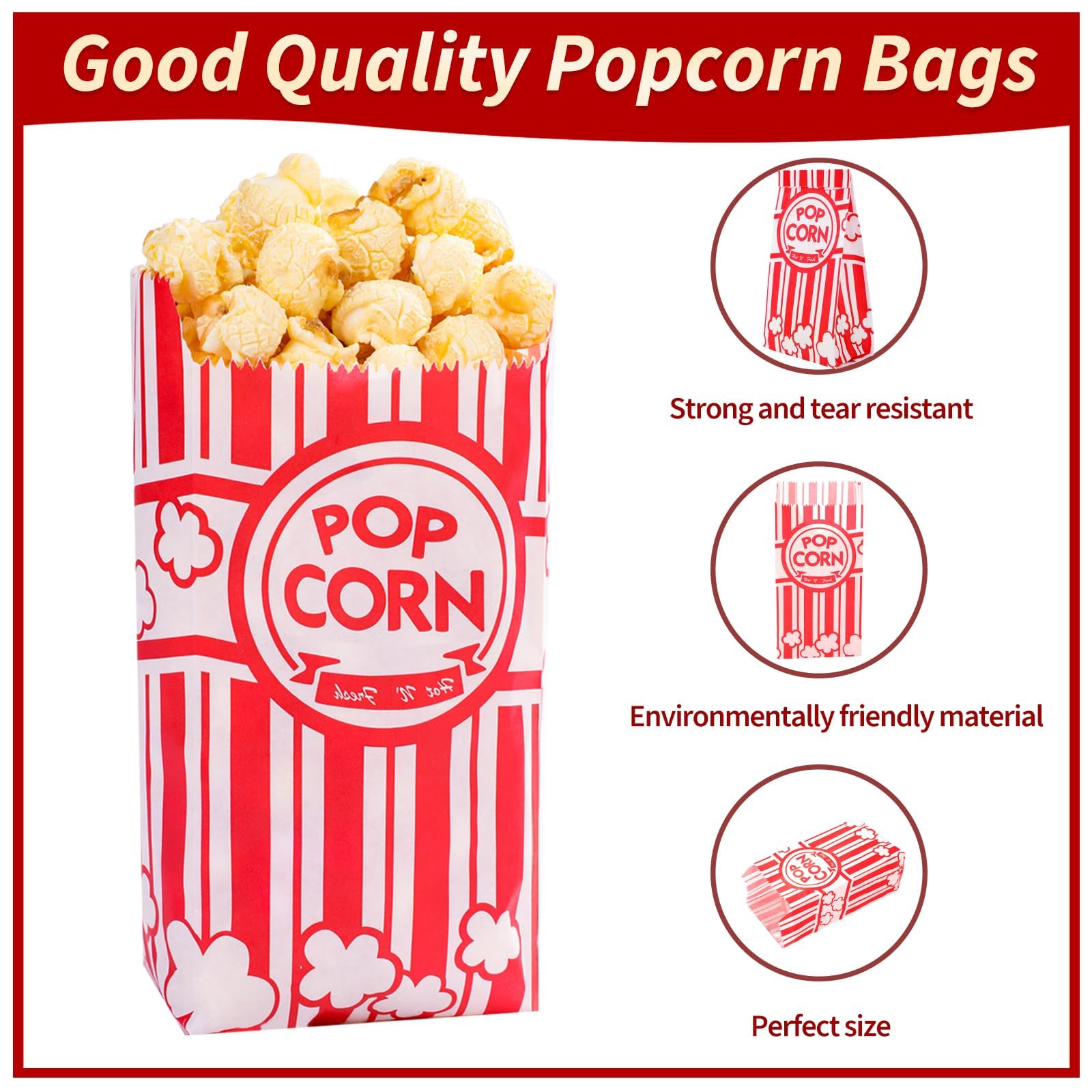 VOISEN Paper Popcorn Bags,100 Pack 1oz Popcorn Bags Individual Servings, Popcorn Bags Bulk for Popcorn Machine, Party, Movie Nights, Carnival Party