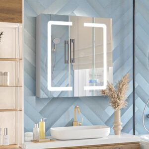 lalahoo bathroom medicine cabinet with mirror, 23.6” x 24.5” medicine cabinets with lights, medicine cabinet mirror, lighted medicine cabinet,defog,3-color temper change,shelf