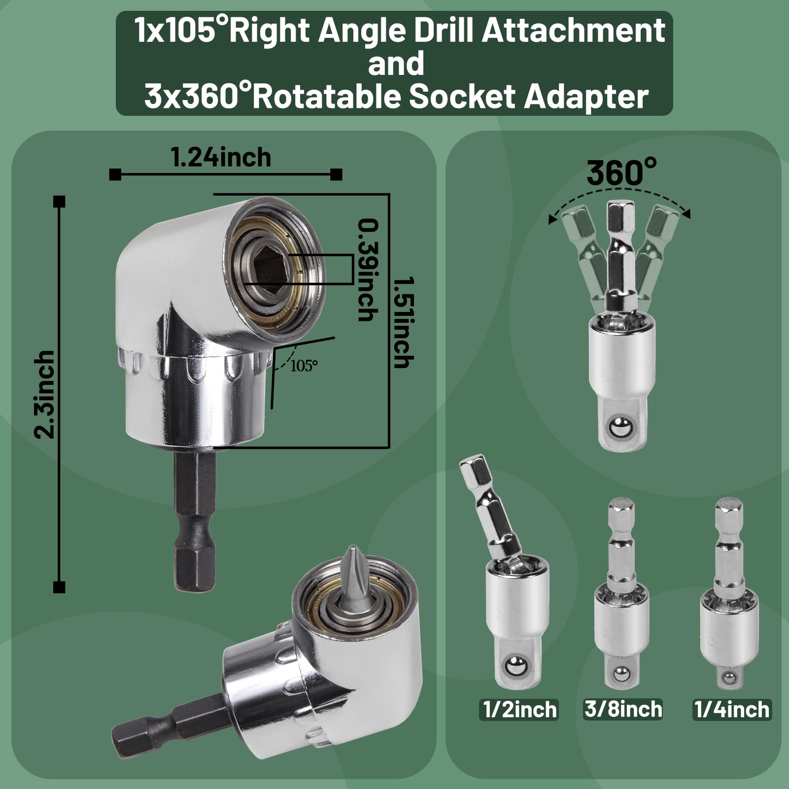 38Pcs Flexible Drill Bit Extension Set, 105° Right Angle Drill Attachment, Bendable Drill Extension, Rotatable Joint Socket 1/4 3/8 1/2 Inch Hex Socket Adapter, Screwdriver Bit Kit & Bits Holder