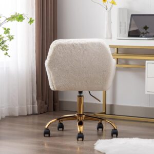 Yoluckea Faux Fur Desk Chair for Women Girl Teen, Home Office Desk Chair with Rolling Wheels, Modern Furry Vanity Chair for Makeup Room Bedroom Living Room, Adjustable Swivel Cute White Desk Chair