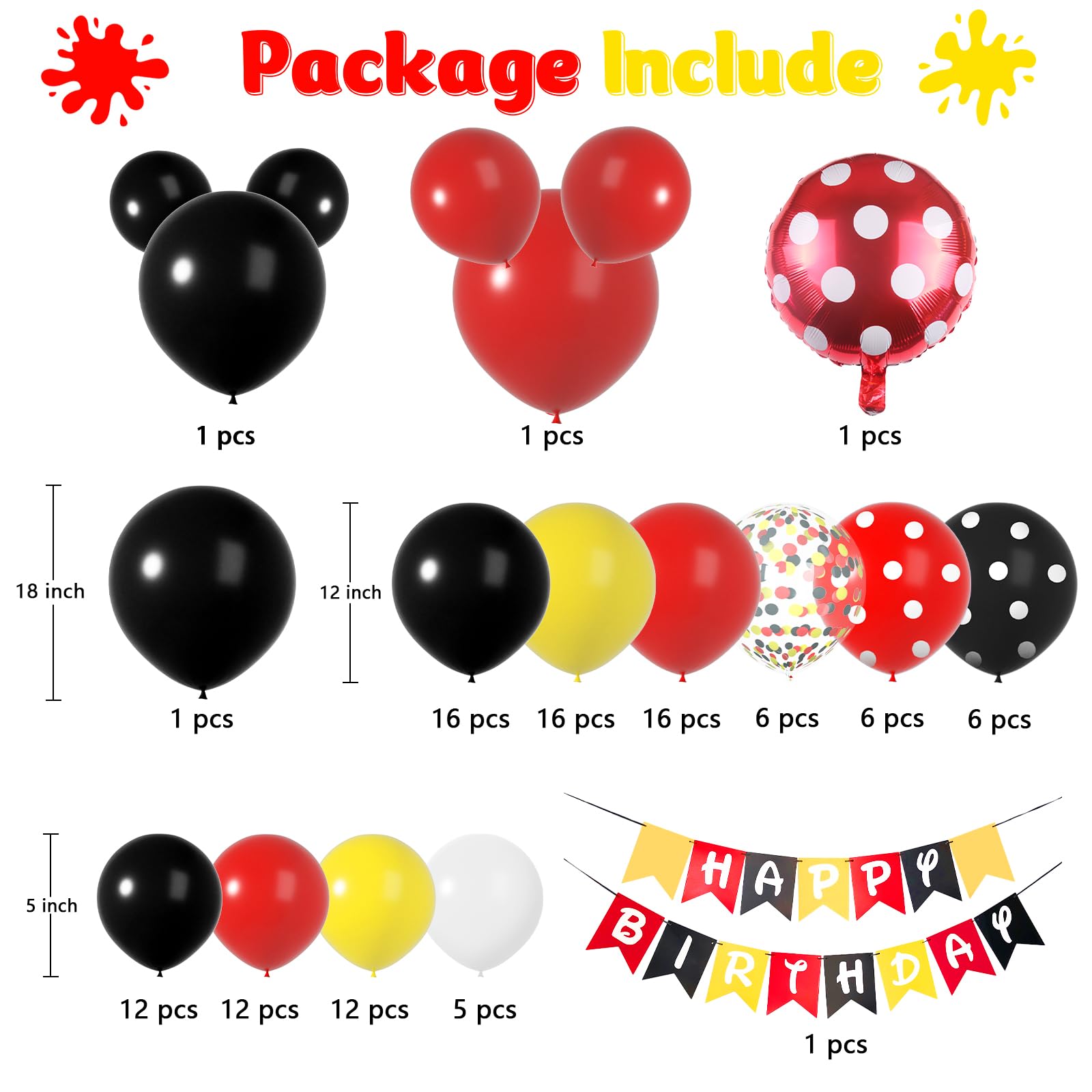 Cartoon Mouse Balloon Garland for Mouse Birthday Decorations - Mouse Balloons Arch with Confetti Polka Dots Balloons Red Black Yellow Balloon Arch Kit & Banners for Mouse Baby Shower Party Supplies